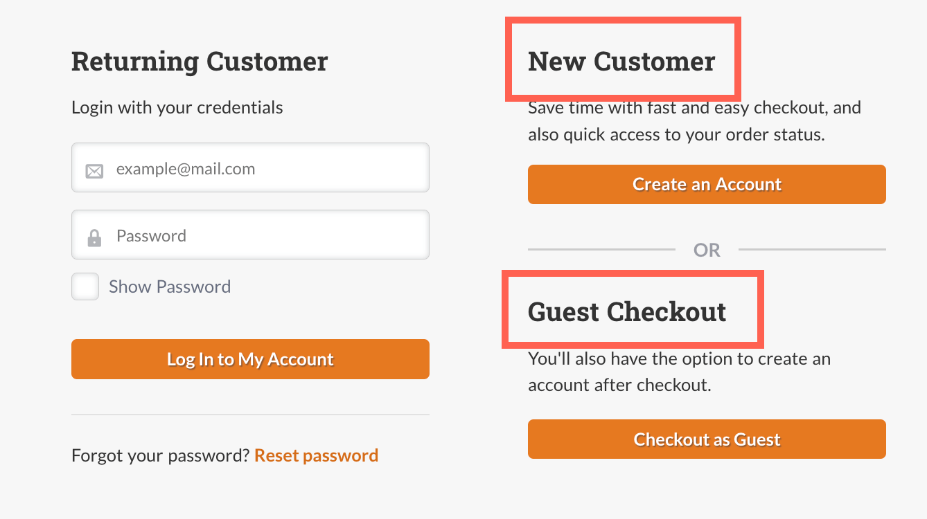 Checkout as returning customer, new customer or guest